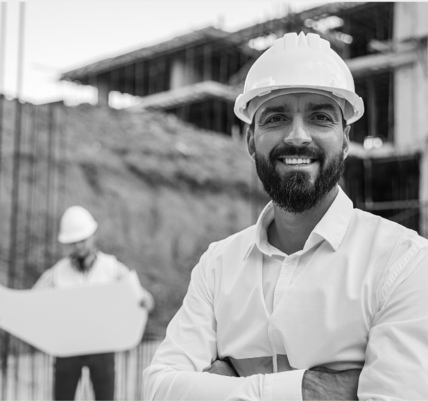 Picture of a contractor looking directly to camera, wearing a hard hat, with another contractor looking at blueprints on the construction site. Total Contractor Solutions, a Florida-based company specializing in assisting contractors with permits, licensing, estimates, and more.